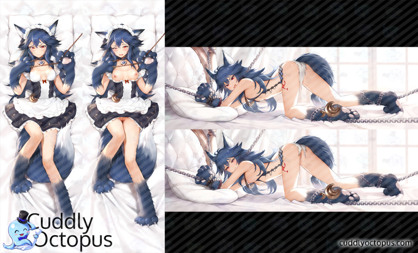 all_fours alternate_costume animal_ears bdsm bed_sheet blue_hair bondage bound bound_wrists breasts breasts_apart chain claws collar commentary_request cuddly_octopus dakimakura enmaided fang fenrir_(shingeki_no_bahamut) frown glaring granblue_fantasy highres kyuri_tizu leash long_hair looking_at_viewer lying maid maid_headdress nipples on_back open_mouth paws pillow pussy red_eyes small_breasts tail tattoo v-shaped_eyebrows watermark web_address window wolf_ears wolf_tail