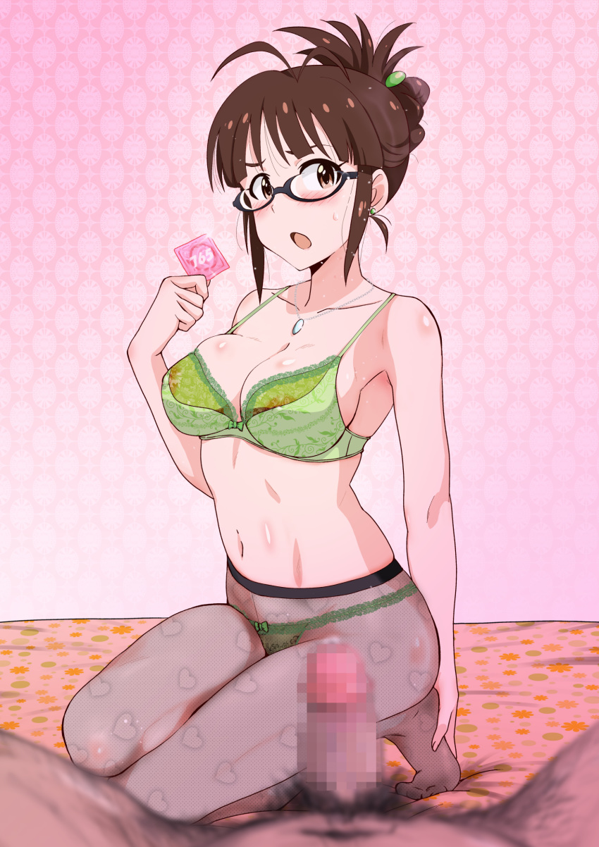 1girl akizuki_ritsuko antenna_hair bangs black-framed_eyewear blush bow bow_bra bow_panties bra breasts brown_eyes brown_hair censored cleavage condom earrings erection folded_ponytail glasses green_bra green_panties hair_ornament heart heart_print highres holding holding_condom idolmaster idolmaster_(classic) jewelry kneeling large_breasts long_hair looking_at_viewer male_pubic_hair minpei_ichigo mosaic_censoring navel necklace open_mouth panties panties_under_pantyhose pantyhose penis pink_background pov print_legwear pubic_hair see-through semi-rimless_eyewear spread_legs stud_earrings sweatdrop under-rim_eyewear underwear underwear_only