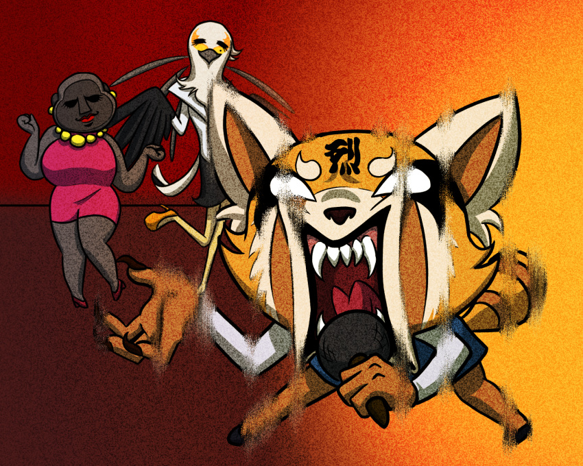 2018 aggressive_retsuko anthro ape avian beak bird clothed clothing dress eyes_closed female fur gori_(aggressive_retsuko) gorilla hi_res mammal primate red_panda retsuko sanrio secretary_bird struggle-bus teeth washimi