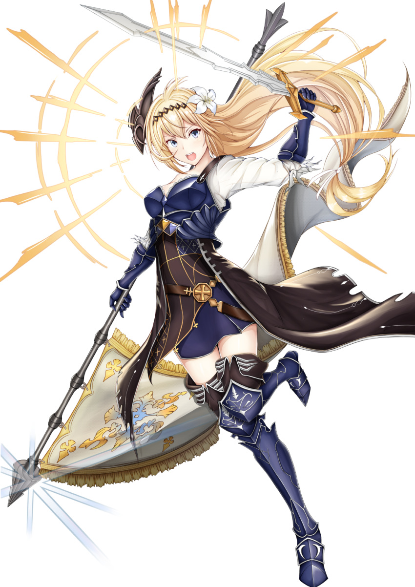 &gt;:( arm_up armor armored_dress bangs banner bare_shoulders belt black_legwear blonde_hair blue_eyes boots breastplate breasts cleavage commentary_request detached_sleeves dress dual_wielding flag fleur_de_lis floating_hair flower frown full_body gauntlets granblue_fantasy greaves hair_between_eyes hair_flower hair_ornament headband highres holding holding_pole holding_sword holding_weapon jeanne_d'arc_(granblue_fantasy) large_breasts lavender_eyes leg_up lily_(flower) long_hair long_sleeves looking_at_viewer loose_belt low-tied_long_hair medium_breasts nekkusu_(nex_06) off_shoulder open_mouth overskirt purple_dress see-through_silhouette shirt short_dress sidelocks simple_background single_strap solo standing standing_on_one_leg sword thigh_boots thighhighs thighs upper_teeth very_long_hair weapon white_background white_shirt