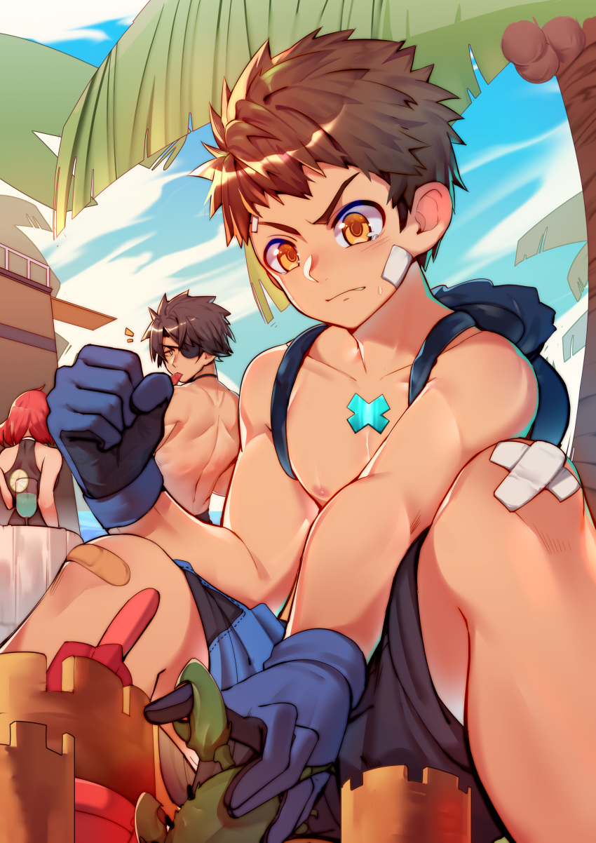 2boys absurdres black_swimsuit blue_gloves blue_sky brown_hair clenched_hand closed_mouth cloud crab day drink eyepatch food from_behind glass gloves highres homura_(xenoblade_2) looking_at_another male_swimwear multiple_boys nipples one-piece_swimsuit outdoors palm_tree popsicle red_hair rex_(xenoblade_2) sand_castle sand_sculpture short_hair sitting sky sora_(zwz030) swimsuit swimwear tears tree watermelon_bar xenoblade_(series) xenoblade_2 yellow_eyes zeke_b_arutimetto_genbu