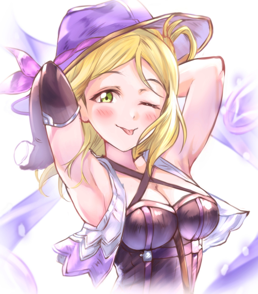 ;p absurdres armpits arms_behind_head asymmetrical_gloves black_gloves blonde_hair blush breasts cleavage cropped_torso elbow_gloves floating_hair gloves green_eyes halterneck hat hat_ribbon highres holding long_hair looking_at_viewer love_live! love_live!_sunshine!! medium_breasts ohara_mari one_eye_closed pink_ribbon purple_hat ribbon shaka_(staito0515) sleeveless solo sun_hat tongue tongue_out upper_body white_background