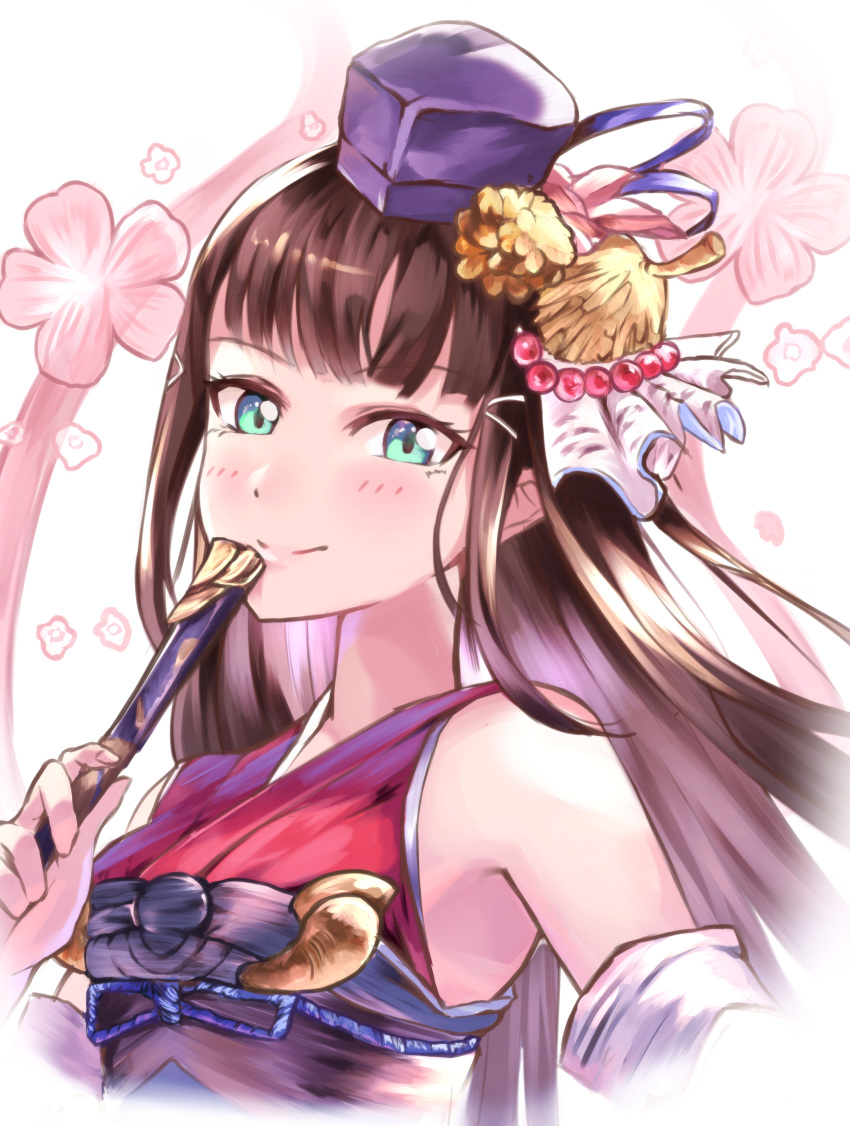 absurdres blue_eyes blush brown_hair closed_fan cropped_torso detached_sleeves eyebrows_visible_through_hair fan floating_hair folding_fan hair_ornament hat highres holding holding_fan kurosawa_dia long_hair looking_at_viewer love_live! love_live!_sunshine!! mini_hat purple_hat shaka_(staito0515) shiny shiny_hair smile solo upper_body white_background