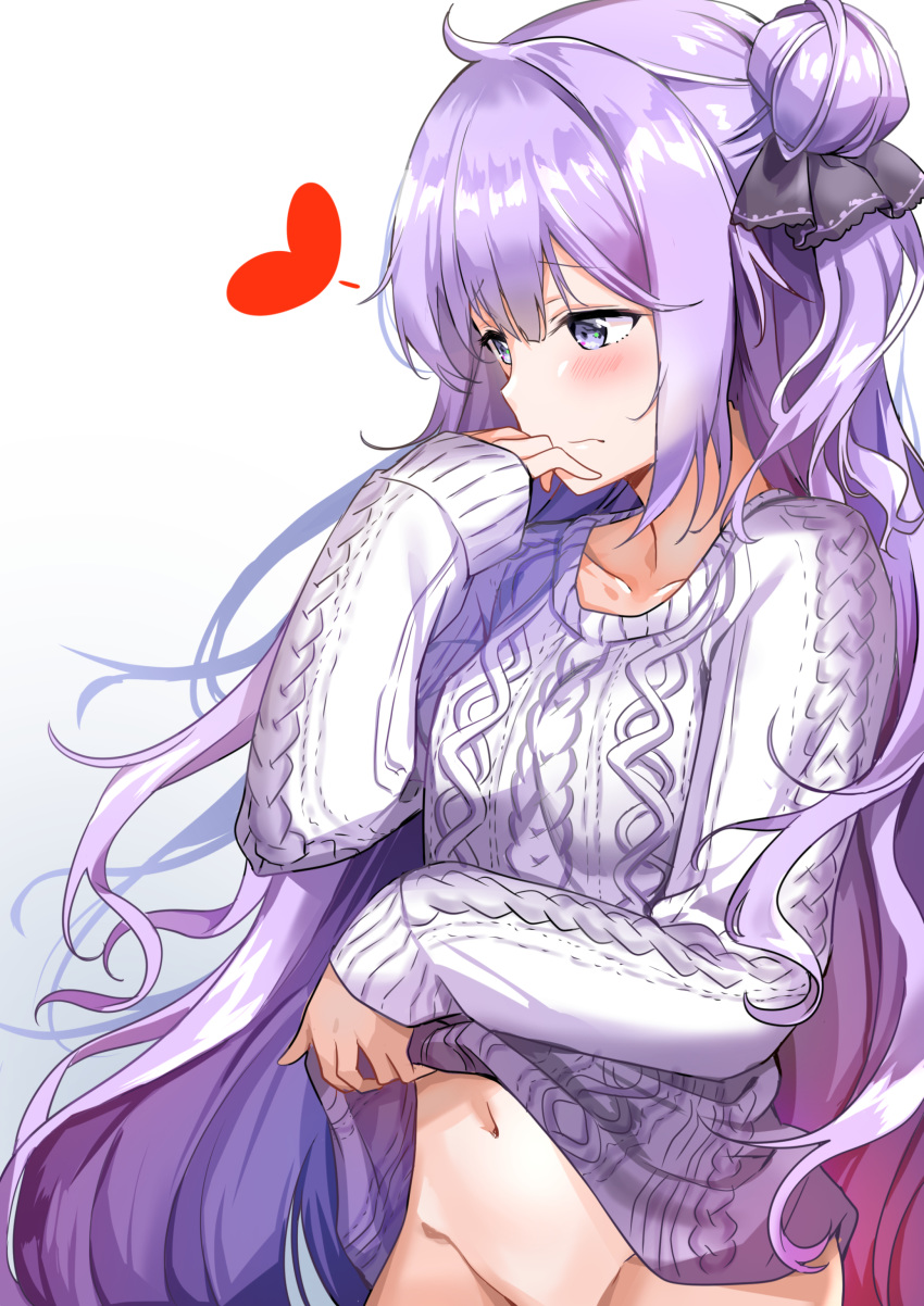 absurdres ahoge aran_sweater asymmetrical_hair azur_lane bangs black_ribbon blush bottomless breasts closed_mouth clothes_lift collarbone commentary embarrassed eyebrows_visible_through_hair fine_fabric_emphasis flying_heart gradient gradient_background groin hair_ribbon hand_up highres lace lace-trimmed_ribbon lavender_eyes lavender_hair lifted_by_self long_hair long_sleeves md5_mismatch medium_breasts navel one_side_up out-of-frame_censoring purple_sweater ribbon side_bun sleeves_past_wrists solo standing stomach sunhyun sweater sweater_lift thighs unicorn_(azur_lane) very_long_hair
