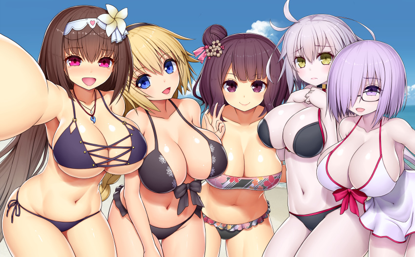 :d absurdres ahoge asamura_hiori bangs bare_arms bare_shoulders bikini black-framed_eyewear black_bikini black_hairband blonde_hair blue_eyes blue_sky blush braid breasts brown_hair cleavage cloud collarbone commentary_request covered_navel day dress dress_swimsuit eyebrows_visible_through_hair fate/grand_order fate_(series) flower foreshortening glasses green_eyes groin hair_between_eyes hair_bun hair_flower hair_ornament hair_over_one_eye hairband hands_up head_tilt highres jeanne_d'arc_(alter_swimsuit_berserker) jeanne_d'arc_(fate)_(all) jeanne_d'arc_(swimsuit_archer) katsushika_hokusai_(fate/grand_order) lady_foxy large_breasts leaning_forward long_hair looking_at_viewer magatama magatama_necklace mash_kyrielight multiple_girls navel open_mouth osakabe-hime_(fate/grand_order) outdoors outstretched_arm painting_summer pale_skin purple_bikini purple_eyes reaching_out side-tie_bikini side_bun silver_hair single_braid sky smile swimsuit swimsuit_of_perpetual_summer very_long_hair white_dress white_flower white_hairband