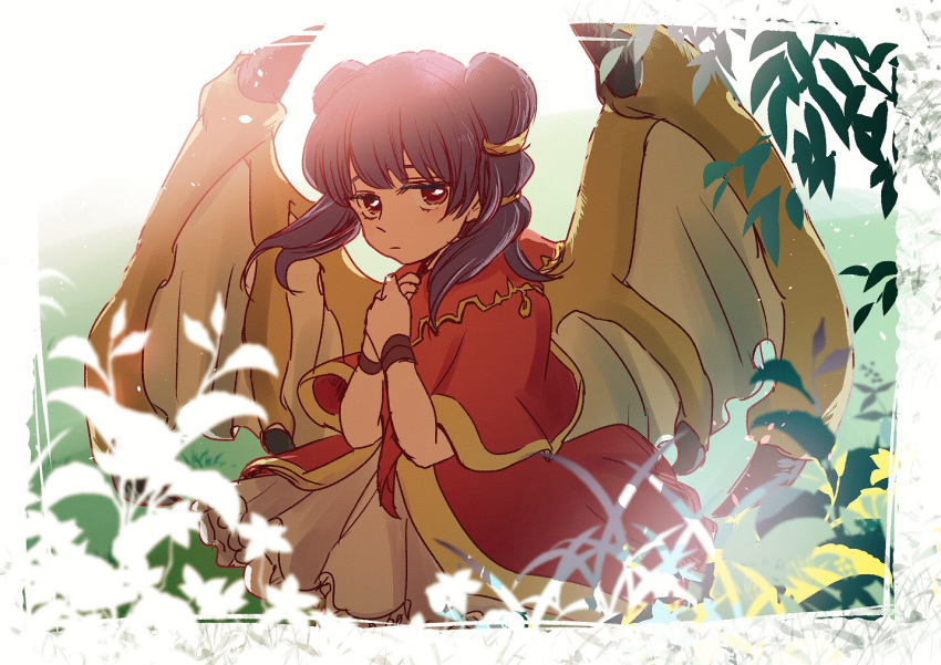 closed_mouth commentary_request dragon_wings dress fire_emblem fire_emblem:_seima_no_kouseki flower hands_together hoshigaki_(hsa16g) leaf mamkute multi-tied_hair myrrh purple_hair red_eyes solo twintails wings wristband