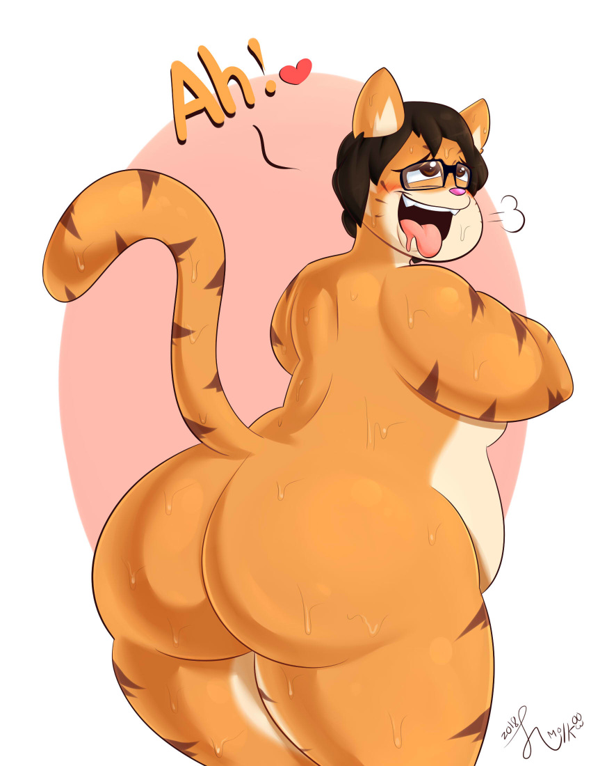 2018 anthro balls belly big_butt blush body_hair brown_eyes brown_hair butt crackersmilk digital_media_(artwork) eyewear feline fur glasses hair hi_res looking_at_viewer male mammal nude open_mouth overweight remmy_(cuiflame97) simple_background slightly_chubby smile solo thick_thighs tiger
