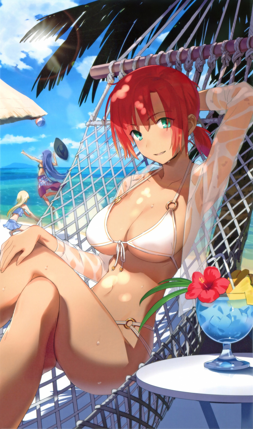 absurdres aqua_eyes arm_behind_head ball beach beachball bikini blue_eyes blue_hair blue_hawaii blue_sky boudica_(fate/grand_order) breasts cleavage cloud cropped crossed_legs cup day drinking_glass drinking_straw fate/grand_order fate_(series) flower hammock hat hibiscus highres jumping kinuta_kouji large_breasts marie_antoinette_(fate/grand_order) marie_antoinette_(swimsuit_caster)_(fate) multiple_girls navel o-ring o-ring_bikini ocean outdoors pineapple_slice ponytail red_hair saint_martha saint_martha_(swimsuit_ruler)_(fate) scan see-through shining_goddess sky smile solo_focus swimsuit tropical_drink volleyball white_hair