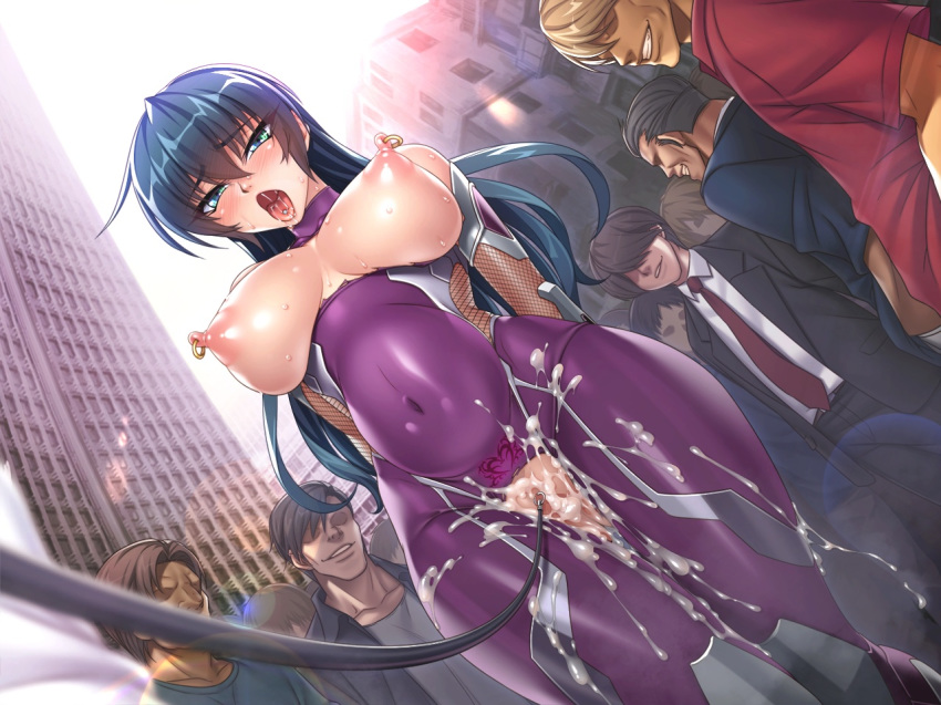 1girl blush breasts buildings censored clitoris_piercing cum cum_in_pussy cum_on_clothes erect_nipples exhibitionism game_cg igawa_asagi kagami_hirotaka large_breasts leash long_hair nipple_piercing open_mouth people piercing public pussy sweat taimanin_(series) taimanin_asagi taimanin_asagi_zero tongue_piercing torn_clothes vaginal wet