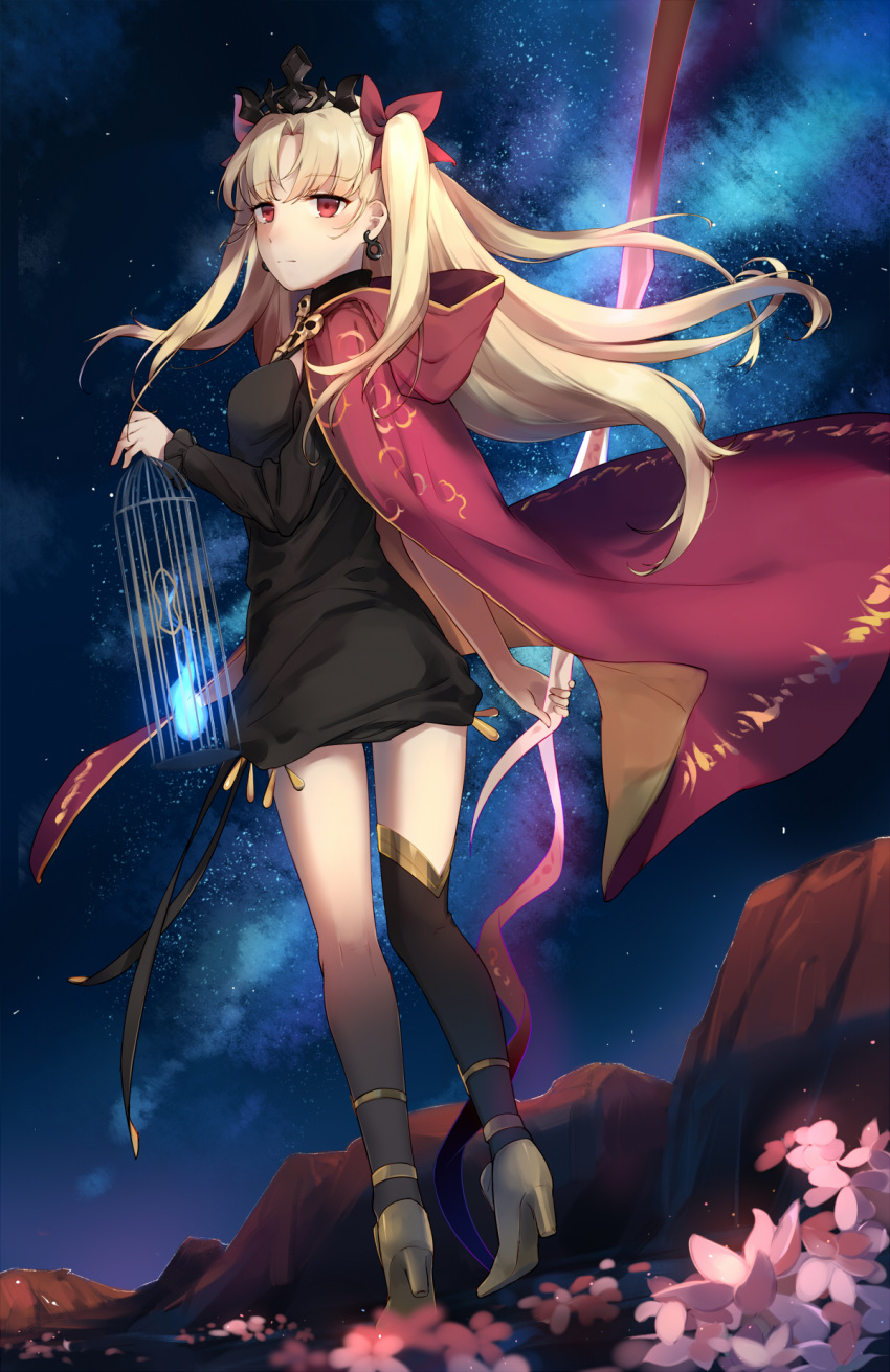 asymmetrical_legwear black_dress black_legwear blonde_hair bow cage cape day diadem dress earrings ereshkigal_(fate/grand_order) eyebrows_visible_through_hair fate/grand_order fate_(series) floating_hair flower hair_bow high_heels highres holding holding_cage hooded jewelry long_hair looking_at_viewer looking_back night outdoors pink_flower pumps red_bow red_cape red_eyes short_dress sky solo standing star_(sky) starry_sky thighhighs twintails very_long_hair yellow_footwear yorktown_cv-5