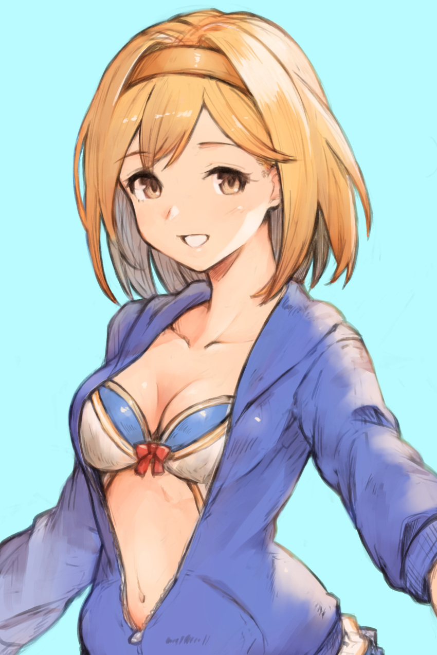 :d bangs bikini bikini_under_clothes blonde_hair blue_background blue_jacket bow breasts brown_eyes cleavage collarbone commentary_request djeeta_(granblue_fantasy) eyebrows_visible_through_hair granblue_fantasy hairband highres hood hood_down hooded_jacket jacket koretsuki_azuma long_sleeves medium_breasts navel open_mouth orange_hairband partially_unzipped reaching_out red_bow self_shot shiny shiny_hair short_hair simple_background smile solo swimsuit teeth upper_body white_bikini