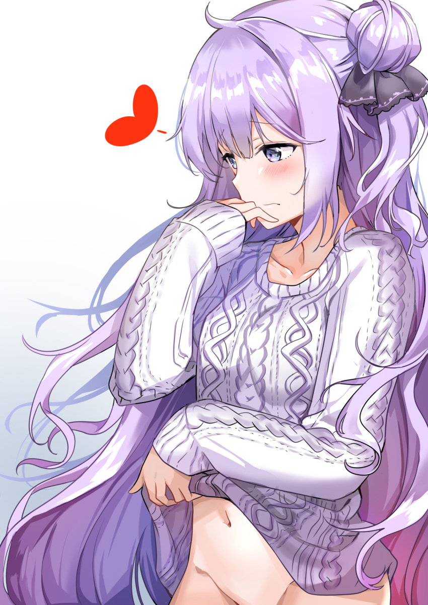 absurdres ahoge aran_sweater asymmetrical_hair azur_lane bangs black_ribbon blush bottomless breasts closed_mouth clothes_lift collarbone commentary embarrassed eyebrows_visible_through_hair fine_fabric_emphasis flying_heart gradient gradient_background groin hair_ribbon hand_up highres lace lace-trimmed_ribbon lavender_eyes lavender_hair lifted_by_self long_hair long_sleeves medium_breasts navel one_side_up out-of-frame_censoring purple_sweater revision ribbon side_bun sleeves_past_wrists solo standing stomach sunhyun sweater sweater_lift thighs unicorn_(azur_lane) very_long_hair