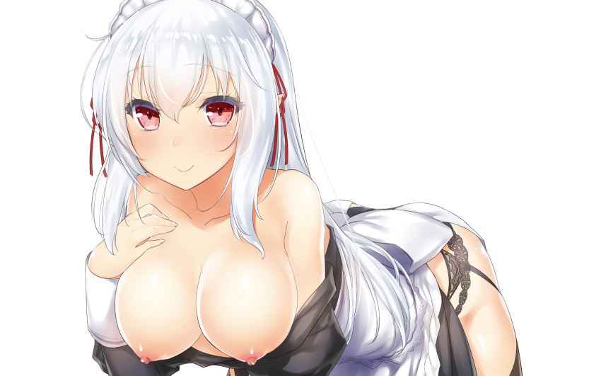 47agdragon blush breasts long_hair maid nipples photoshop red_eyes thighhighs undressing white white_hair