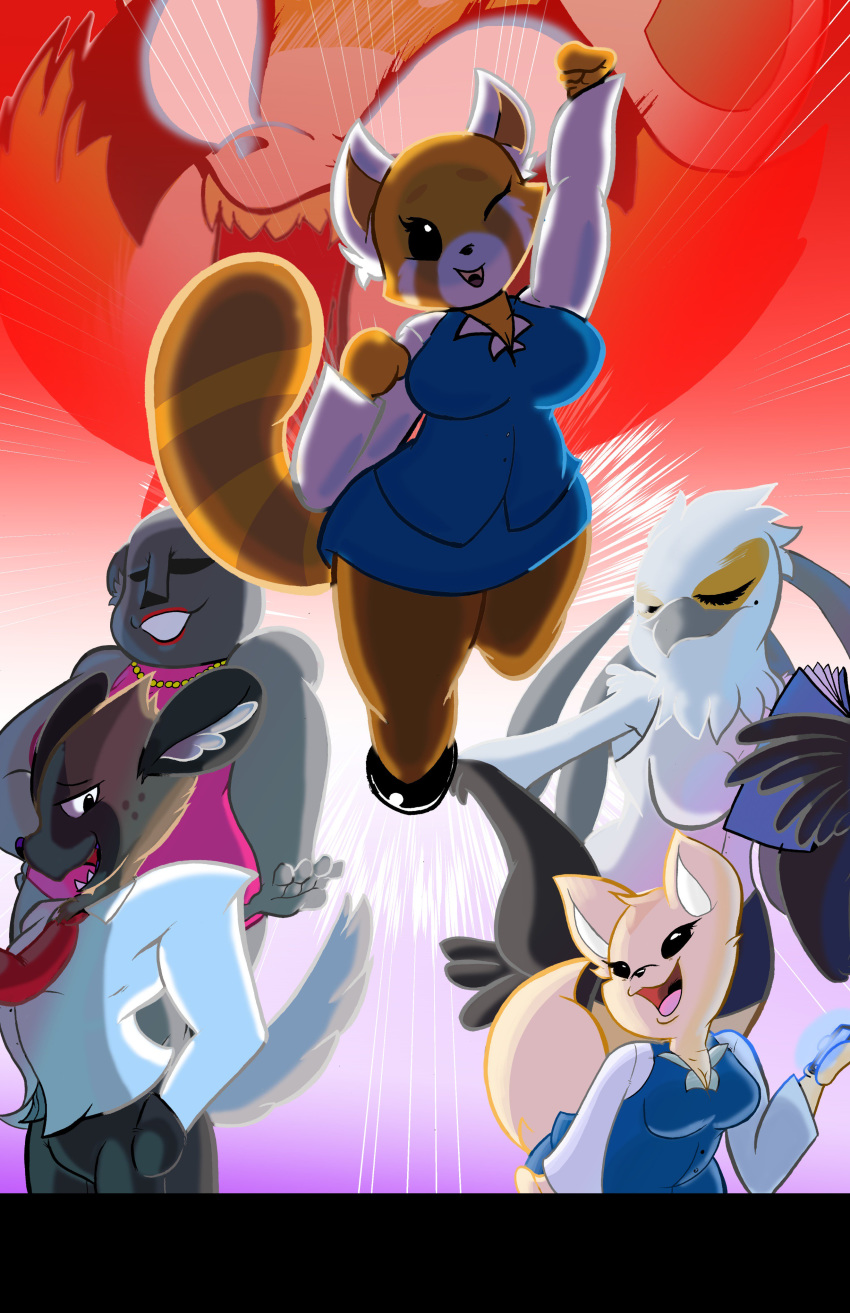 2018 aggressive_retsuko anthro ape avian beak bird breasts canine clothed clothing digital_media_(artwork) dress eyes_closed female fennec fenneko fox fur gori_(aggressive_retsuko) gorilla haida hi_res hyena iyzeekiil male mammal necktie open_mouth primate red_panda retsuko sanrio secretary_bird washimi