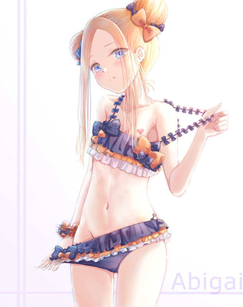 abigail_williams_(fate/grand_order) bangs bare_arms bikini bikini_pull black_bikini black_bow blonde_hair blue_eyes blush bow breasts character_name closed_mouth collarbone commentary_request emerald_float eyebrows_visible_through_hair fate/grand_order fate_(series) fingernails forehead groin hair_bow head_tilt heart highres long_hair looking_at_viewer navel orange_bow orange_scrunchie parted_bangs polka_dot polka_dot_bow pulled_by_self sanka_tan scrunchie sidelocks small_breasts solo strap_pull swimsuit undressing white_background wrist_scrunchie