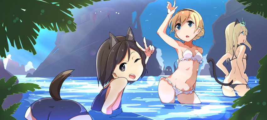 animal_ears bikini blonde_hair blue_eyes braid braided_bun brown_eyes brown_hair cat_ears cat_tail commentary_request green_eyes hairband heinrike_prinzessin_zu_sayn-wittgenstein highres hirschgeweih_antennas kuroda_kunika long_hair multiple_girls noble_witches one_eye_closed pegina rosalie_de_hemricourt_de_grunne short_hair swimsuit tail white_bikini world_witches_series