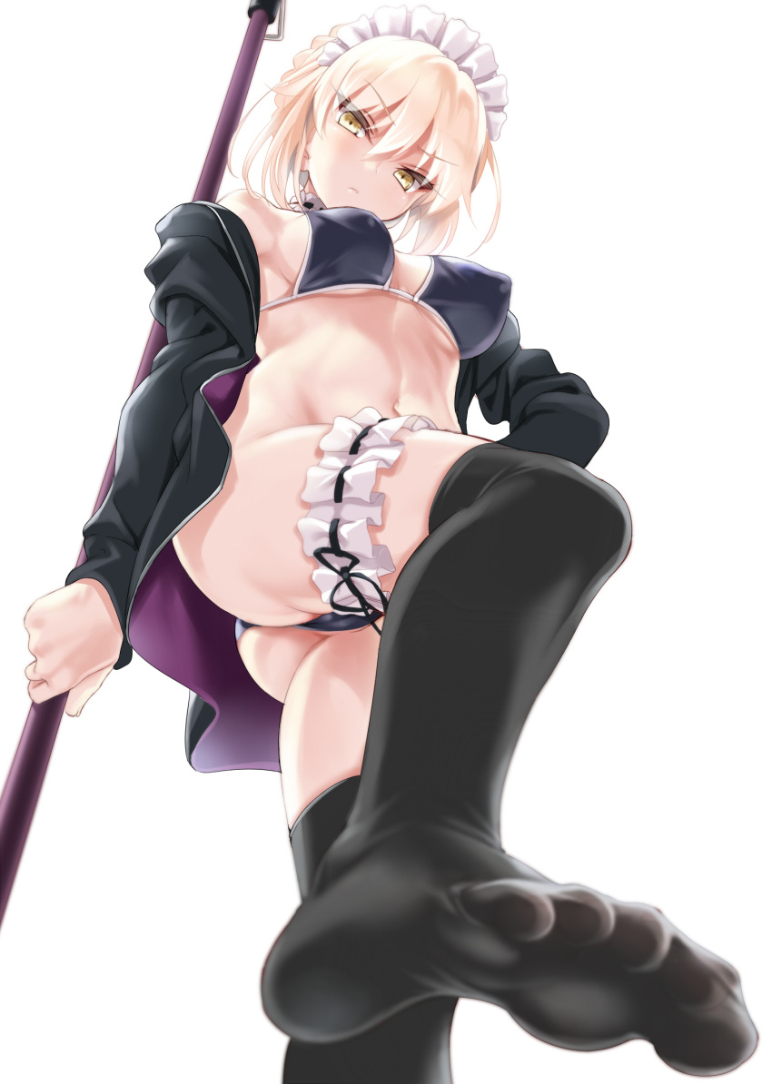 1girl artoria_pendragon_(all) artoria_pendragon_(swimsuit_rider_alter) ass bikini bikini_bottom bikini_top black_legwear blonde_hair breasts cameltoe cleavage closed_mouth erect_nipples eyebrows eyebrows_visible_through_hair fate/grand_order fate_(series) feet from_below groin highres holding jacket kure_masahiro legs looking_down maid maid_headdress matching_hair/eyes no_shoes open_clothes open_jacket simple_background small_breasts solo staff standing swimsuit thigh_strap thighhighs thighs toes white_background yellow_eyes