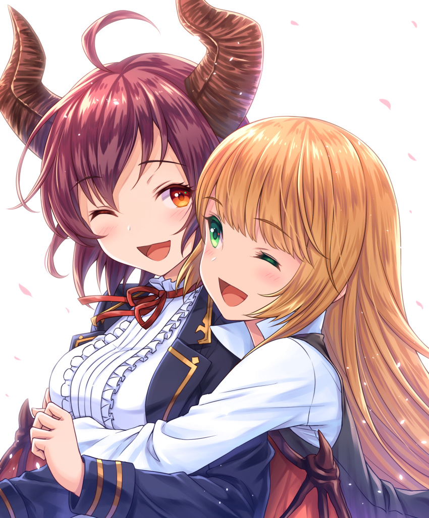 ;d ahoge anne_(shingeki_no_bahamut) blonde_hair blush commentary_request dragon_horns dragon_wings eyebrows_visible_through_hair granblue_fantasy grea_(shingeki_no_bahamut) green_eyes highres horns hug hug_from_behind long_hair long_sleeves looking_at_another multiple_girls one_eye_closed open_mouth orange_eyes petals red_hair red_ribbon ribbon shingeki_no_bahamut short_hair simple_background smile tomo_(user_hes4085) upper_body white_background wings