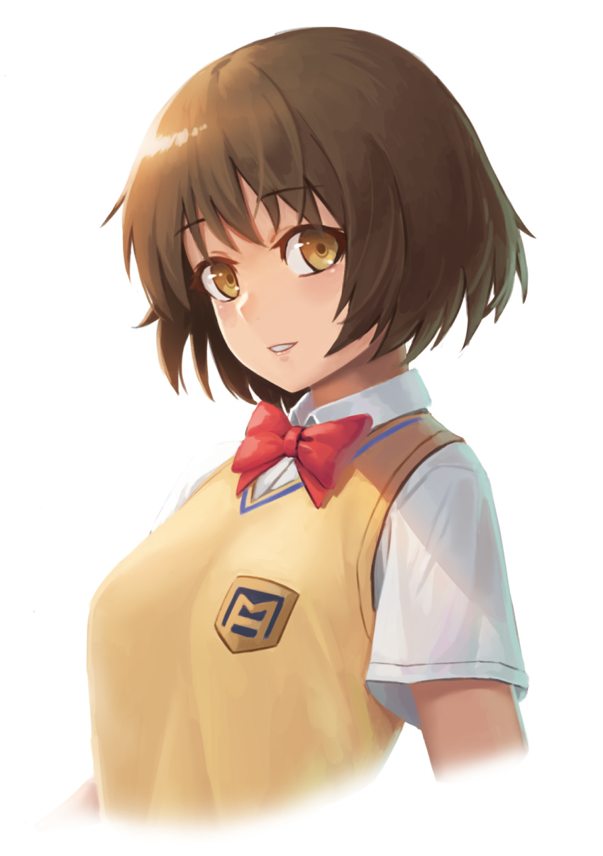 bangs blush bow bowtie brown_eyes brown_hair collared_shirt commentary_request cropped_torso dress_shirt eyebrows_visible_through_hair highres kaminagi_ryouko looking_at_viewer parted_lips ranma_(kamenrideroz) red_bow red_neckwear school_uniform shirt short_hair sideways_glance simple_background smile solo sweater sweater_vest upper_body white_background white_shirt wing_collar yellow_sweater zegapain