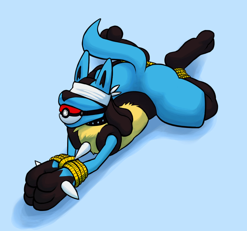 ambiguous_gender anthro arms_tied ball_gag bdsm black_fur blindfold blue_background blue_fur bondage bound butt collar fur gag gagged hicanyoumooforme legs_tied lucario lying nintendo nude on_front pok&eacute;ball pok&eacute;ball_gag pok&eacute;mon pok&eacute;mon_(species) rope rope_bondage simple_background solo spikes video_games yellow_fur