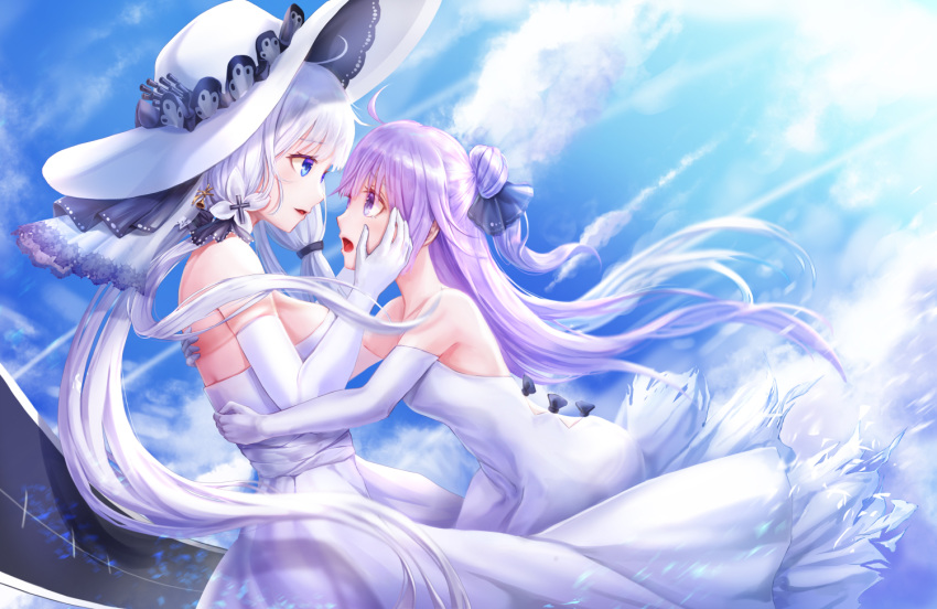 ahoge azur_lane bangs bare_shoulders black_bow black_ribbon blue_eyes blue_sky bow breasts cloud commentary_request day dress elbow_gloves eye_contact eyebrows_visible_through_hair gloves hair_bun hair_ribbon hands_on_another's_cheeks hands_on_another's_face hat illustrious_(azur_lane) large_breasts long_hair looking_at_another lunacle multiple_girls open_mouth outdoors parted_lips profile purple_eyes purple_hair ribbon side_bun silver_hair sky strapless strapless_dress sun_hat torn_clothes torn_dress unicorn_(azur_lane) very_long_hair white_dress white_gloves white_hat