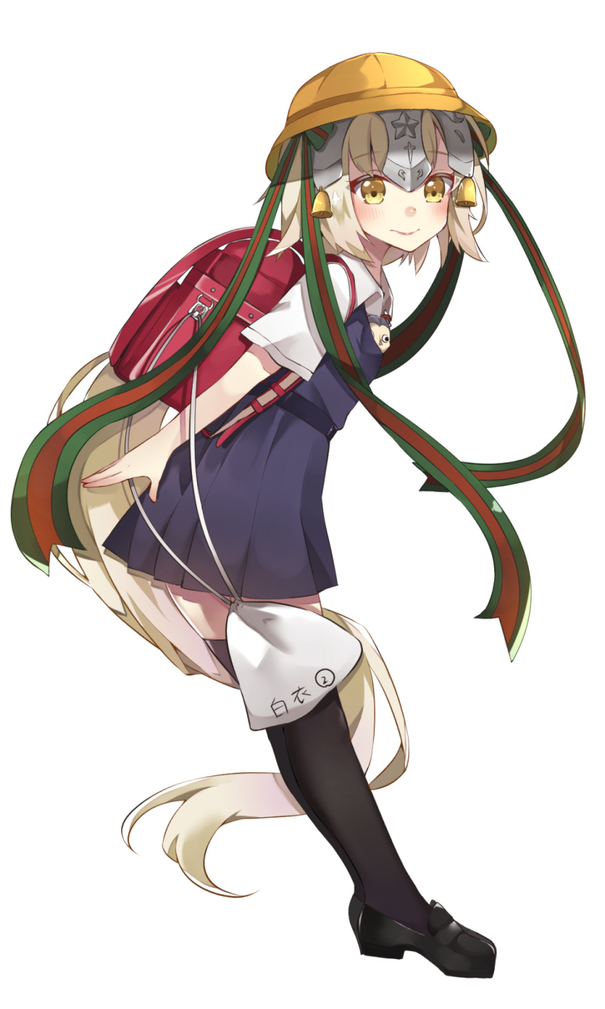 backpack bag bangs bell black_footwear black_hair blue_dress blush bow brown_eyes caster_(fate/zero) closed_mouth dress eyebrows_visible_through_hair fate/grand_order fate_(series) full_body green_bow green_ribbon hair_bow hat headpiece highres itoi_toi jeanne_d'arc_(fate)_(all) jeanne_d'arc_alter_santa_lily leaning_forward light_brown_hair loafers long_hair looking_at_viewer looking_to_the_side pinafore_dress pleated_dress randoseru ribbon school_hat school_uniform shirt shoes short_sleeves simple_background solo standing striped striped_bow striped_ribbon thighhighs very_long_hair white_background white_shirt yellow_hat