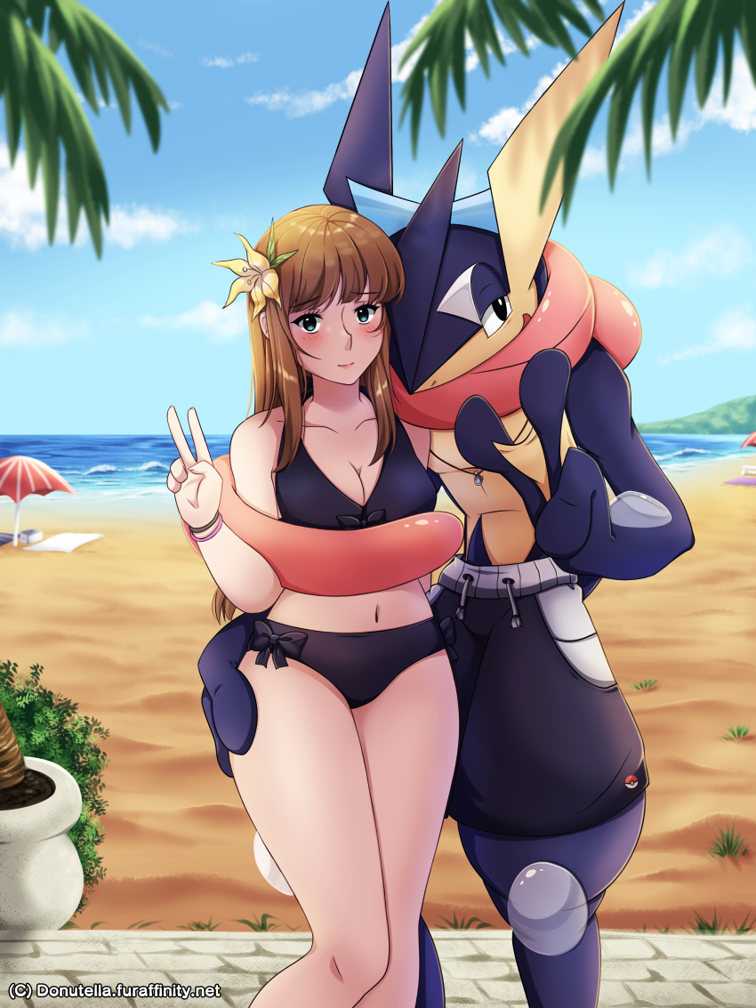 2018 absurd_res anthro beach blush clothing donutella female flower greninja hair hi_res human jewelry male mammal necklace nintendo plant pok&eacute;mon pok&eacute;mon_(species) seaside smile swimsuit tongue tree video_games watermark