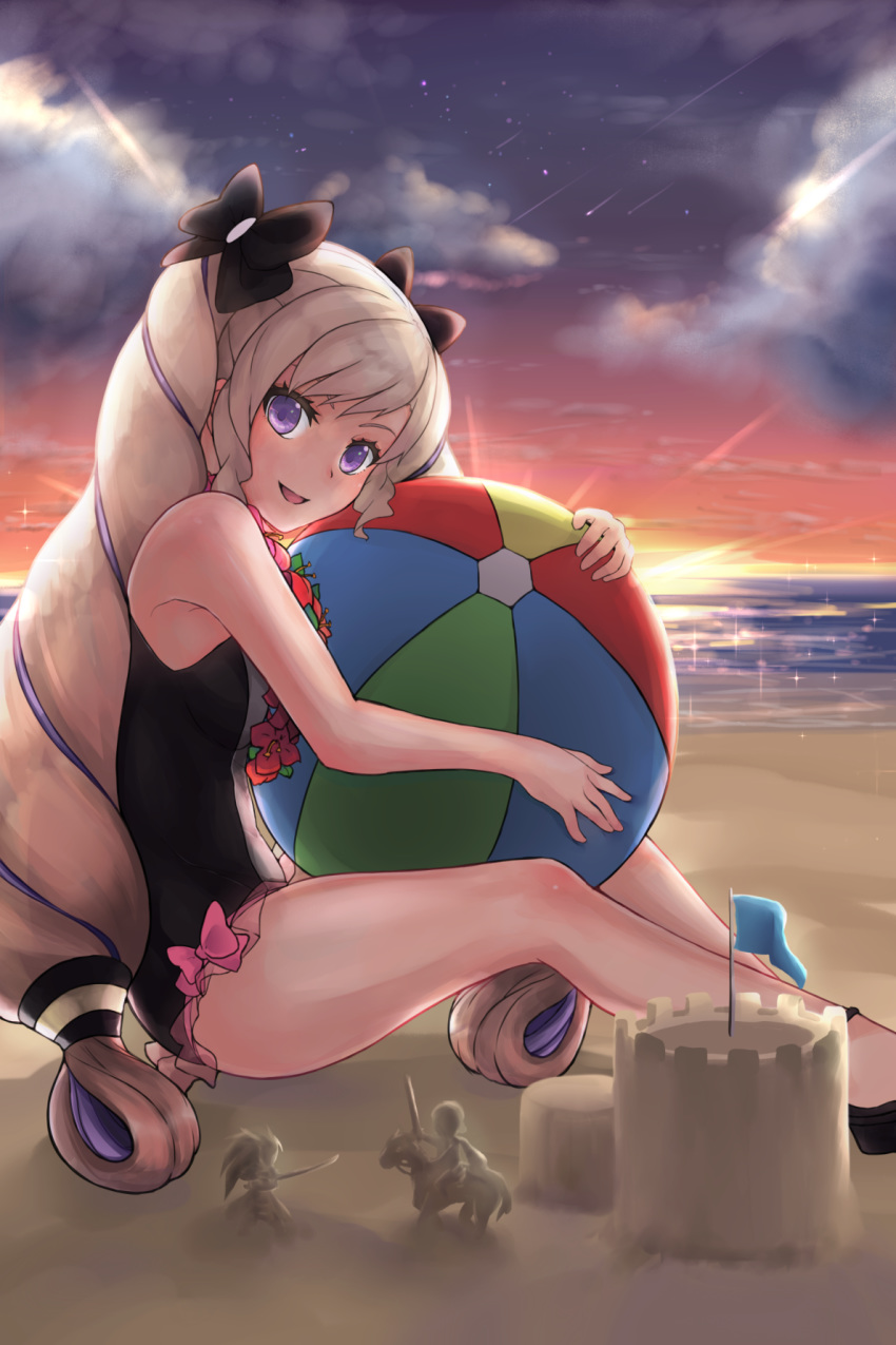 ball beach beachball black_bow blonde_hair bow casual_one-piece_swimsuit cloud commentary elise_(fire_emblem_if) fire_emblem fire_emblem_heroes fire_emblem_if from_side hair_bow highres long_hair looking_to_the_side marks_(fire_emblem_if) miya_(pixiv15283026) multicolored_hair one-piece_swimsuit outdoors parted_lips pink_bow purple_eyes purple_hair ryouma_(fire_emblem_if) sand sand_castle sand_sculpture sitting sky solo star_(sky) swimsuit twintails water wreath