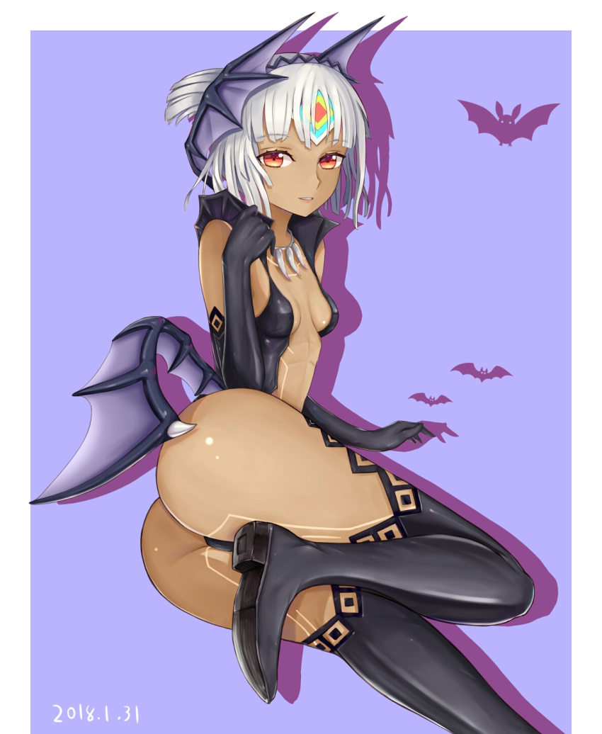 altera_(fate) alternate_costume alternate_hairstyle ass bad_anatomy bare_shoulders bat_wings black_footwear boots border breasts breasts_apart chinese_commentary cleavage commentary_request dark_skin detached_sleeves drop_shadow eyebrows_visible_through_hair fate/extella fate/extra fate_(series) full_body_tattoo high_heel_boots high_heels highres hokori_sakuni jewelry long_sleeves looking_at_viewer midriff outside_border parted_lips purple_background red_eyes revealing_clothes shiny shiny_skin short_hair simple_background small_breasts smile solo tan tattoo thigh_boots thighhighs white_border white_hair wings