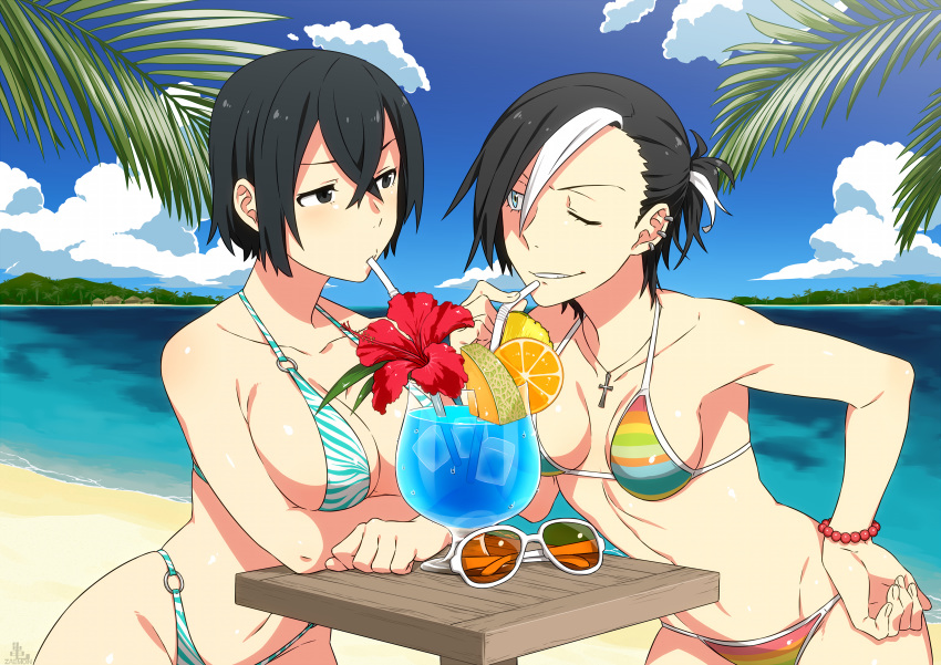 beach bendy_straw bikini black_hair black_hood blue_eyes breasts cleavage cross cup danielle_redford_(kamezaemon) day drink drinking drinking_glass drinking_straw food fruit hair_between_eyes hair_over_one_eye hand_on_hip highleg highleg_bikini highres jewelry kamezaemon large_breasts looking_at_another medium_breasts multicolored_hair multiple_girls navel necklace o-ring o-ring_bikini one_eye_closed original outdoors shiny shiny_hair shiny_skin short_hair standing striped striped_bikini summer swimsuit two-tone_hair water white_hair