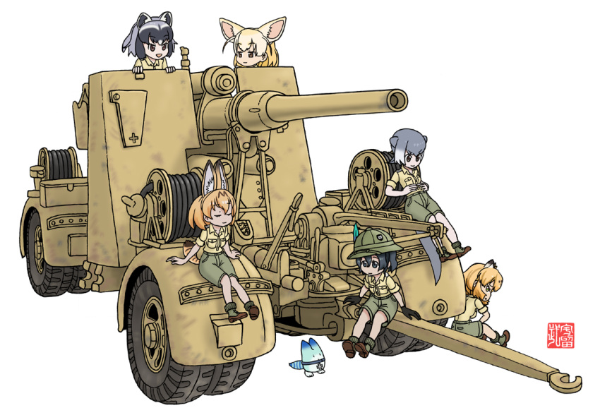 88_flak afrika_korps animal_ears ankle_boots black_eyes black_gloves black_hair blonde_hair blue_eyes boots brown_eyes cannon closed_eyes common_raccoon_(kemono_friends) fennec_(kemono_friends) gloves hand_on_own_stomach helmet iron_cross jaguar_(kemono_friends) kaban_(kemono_friends) kemono_friends looking_at_another lucky_beast_(kemono_friends) m.wolverine medal military military_uniform millipen_(medium) multiple_girls serval_(kemono_friends) shorts signature simple_background sitting sleeves_rolled_up small-clawed_otter_(kemono_friends) soldier traditional_media uniform white_background world_war_ii