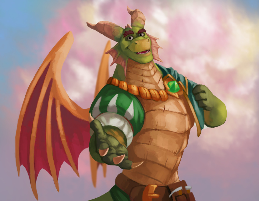 2018 4_fingers 7theaven anthro clothing cloud dragon front_view green_scales horn jewelry looking_at_viewer male necklace nestor_(spyro) reaching_towards_viewer scales scalie smile solo spyro_the_dragon standing video_games wings