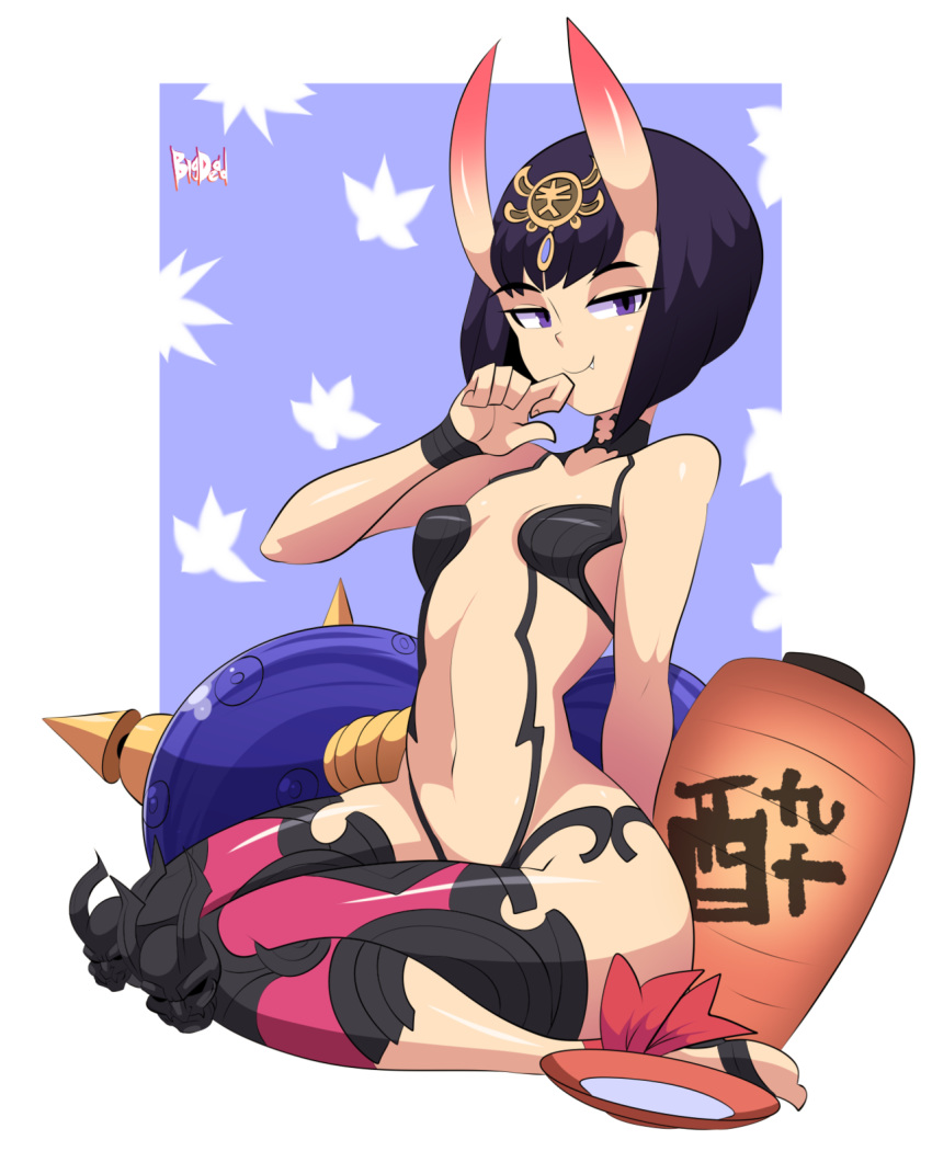 bad_id bad_tumblr_id bangs bare_shoulders bigdead93 bob_cut border breasts fang fate/grand_order fate_(series) full_body gradient_horns halterneck hand_to_own_mouth highres horns looking_at_viewer midriff navel oni oni_horns petite purple_background purple_eyes purple_hair red_horns revealing_clothes short_hair shuten_douji_(fate/grand_order) signature sitting small_breasts smile solo toon translation_request white_border