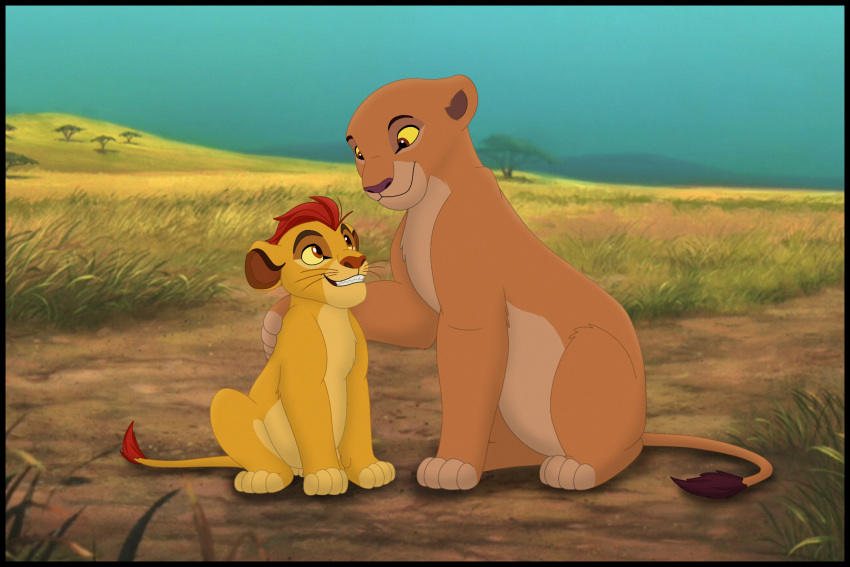 brother brother_and_sister brown_eyes cub detailed_background disney duo feline female feral fur grass grin hand_on_shoulder hi_res kaion kiara kion lion male mammal multicolored_fur orange_fur outside savanna sibling sister sitting smile tan_fur the_lion_guard the_lion_king two_tone_fur yellow_sclera young