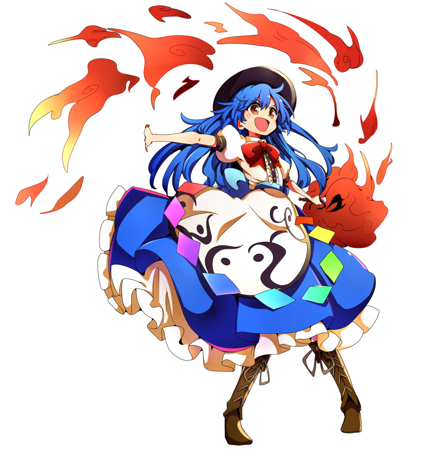 baba_(baba_seimaijo) black_hat blouse blue_bow blue_hair blue_skirt boots bow bowtie brown_footwear commentary_request cross-laced_footwear dress_shirt frilled_skirt frills full_body hat highres hinanawi_tenshi long_hair open_mouth puffy_short_sleeves puffy_sleeves red_bow red_eyes shirt short_sleeves skirt sword_of_hisou touhou transparent_background white_blouse