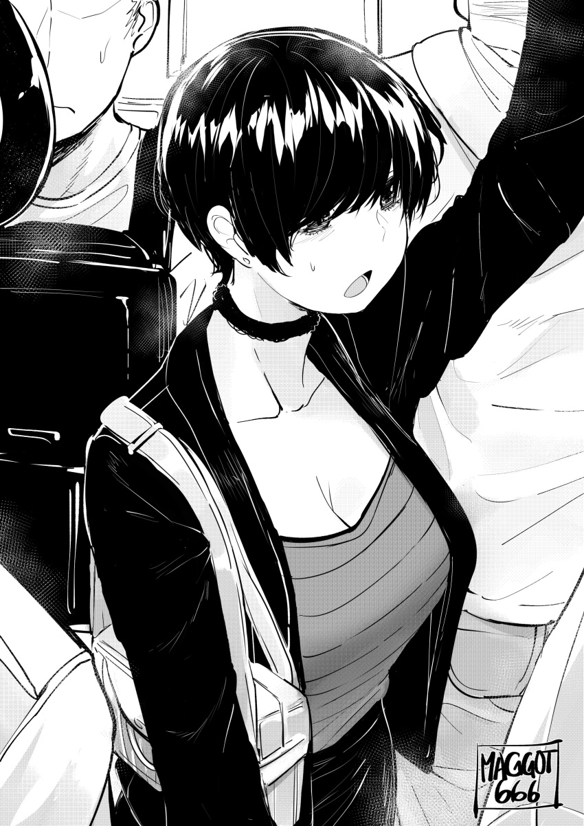 absurdres artist_name bag bags_under_eyes bangs black_hair black_jacket breasts choker cleavage collarbone commentary crowded earrings english_commentary greyscale ground_vehicle handbag highres jacket jewelry large_breasts monochrome norman_maggot ol-chan_(norman_maggot) open_mouth original pixie_cut shirt short_hair striped striped_shirt sweat sweatdrop train train_interior