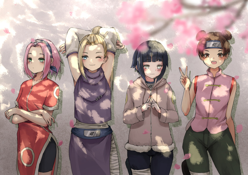 arms_behind_head arms_up bandaged_leg bandages blonde_hair blue_eyes blush brown_eyes brown_hair cherry_blossoms commentary_request crossed_arms double_bun eyebrows_visible_through_hair fingers_together forehead_protector fur_trim green_eyes hair_bun haruno_sakura high_ponytail highres hood hoodie hyuuga_hinata konohagakure_symbol light_blush multiple_girls naruto naruto_(series) one_eye_closed open_mouth petals pink_hair side-by-side smile standing tansaninryousui tenten v wavy_mouth yamanaka_ino