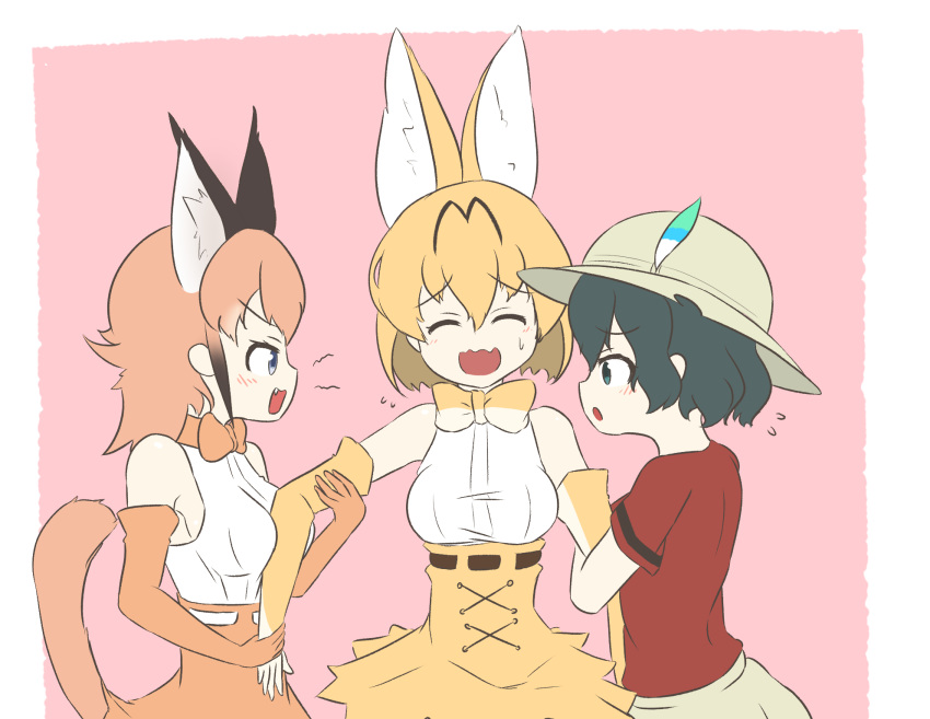 animal_ears arm_grab bare_shoulders black_hair border caracal_(kemono_friends) closed_eyes commentary flat_color flying_sweatdrops hat_feather helmet high-waist_skirt highres jealous kaban_(kemono_friends) kemono_friends love_triangle multiple_girls nervous_smile open_mouth outside_border pink_background pith_helmet print_neckwear purple_eyes red_shirt scorpion_(js60216) serval_(kemono_friends) serval_ears serval_print serval_tail shirt shirt_tucked_in short_hair shorts simple_background skirt tail wavy_mouth white_border yuri