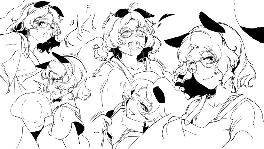 :d :o ;o ahegao animal_ears collarbone come_hither commentary_request downblouse drooling expressions futatsuiwa_mamizou glasses greyscale heart hiyuu_(flying_bear) looking_at_viewer looking_away monochrome multiple_views one_eye_closed open_mouth profile raccoon_ears saliva simple_background smile tanuki touhou white_background
