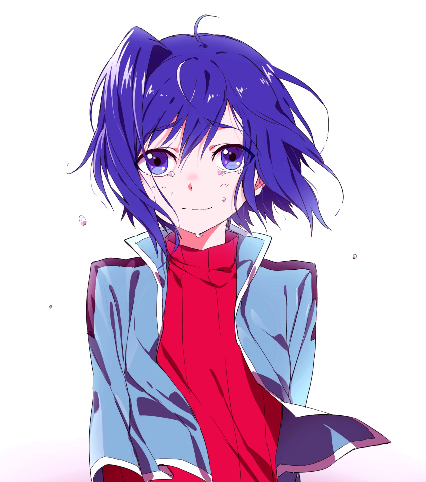 absurdres ahoge blue_jacket cardfight!!_vanguard closed_mouth commentary_request highres jacket male_focus maruchi open_clothes open_jacket otoko_no_ko purple_eyes purple_hair red_sweater ribbed_sweater sendou_aichi short_hair simple_background solo sweater tears upper_body white_background