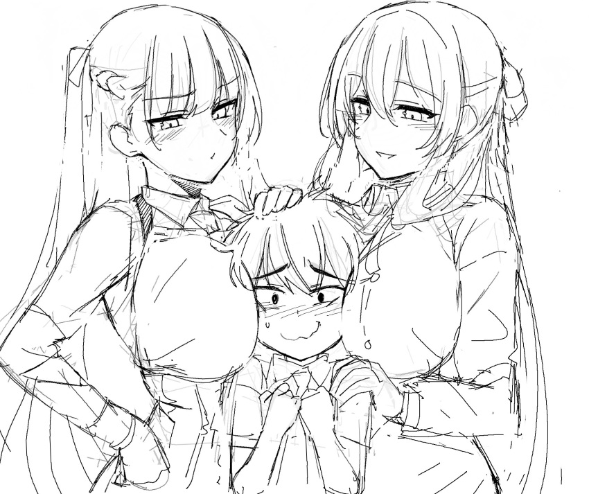 2girls age_difference bangs blush braid breasts child closed_mouth commentary_request embarrassed eyebrows_visible_through_hair girl_sandwich girls_frontline hair_between_eyes hand_on_another's_shoulder hand_on_hip hand_on_own_cheek height_difference highres long_sleeves looking_at_another looking_at_viewer m1903_springfield_(girls_frontline) multiple_girls ndgd nose_blush one_side_up parted_lips sandwiched shirt simple_background sketch smile sweatdrop wa2000_(girls_frontline) wavy_mouth white_background wing_collar