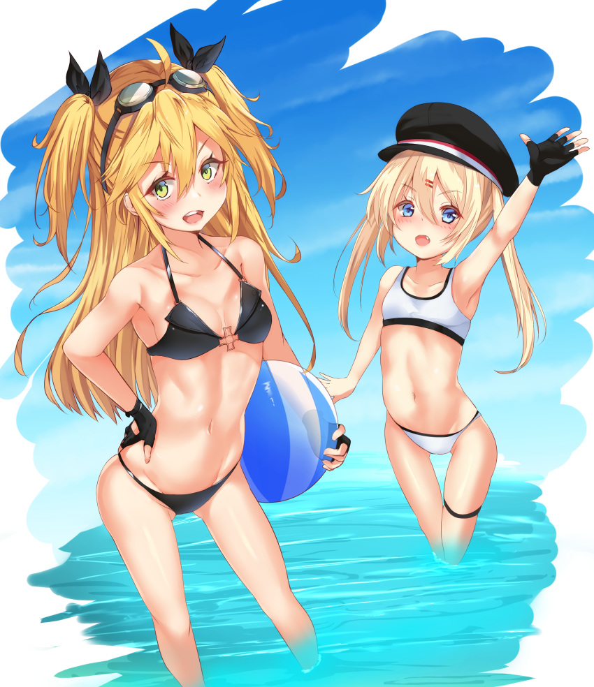:d absurdres admiral_hipper_(azur_lane) ahoge arm_up armpits azur_lane ball beachball bikini black_bikini black_gloves blonde_hair blue_eyes blush breasts collarbone commentary_request contrapposto fang fingerless_gloves gloves goggles goggles_on_head green_eyes groin hair_between_eyes hair_ornament hairclip hand_on_hip hat highres long_hair looking_at_viewer multiple_girls navel open_mouth outstretched_arm peaked_cap seriya sidelocks small_breasts smile sports_bra swimsuit twintails two_side_up waving z18_(azur_lane)