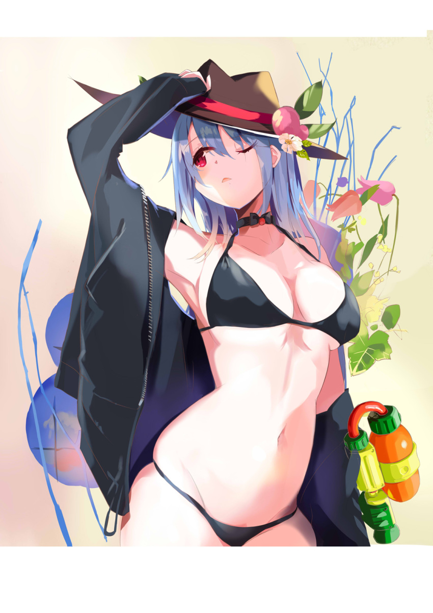 arm_up armpits bangs bare_shoulders beige_background bikini black_bikini black_choker black_jacket blue_hair breasts brown_hat choker collarbone commentary_request cowboy_shot eyebrows_visible_through_hair fedora flower food fruit groin hair_between_eyes halterneck hat highres hinanawi_tenshi jacket leaf long_hair long_sleeves looking_up md5_mismatch medium_breasts navel off_shoulder one_eye_closed open_clothes open_jacket parted_lips peach pink_flower red_eyes red_flower skindentation solo standing stomach swimsuit tetsurou_(fe+) thighs touhou tulip two-tone_background white_background