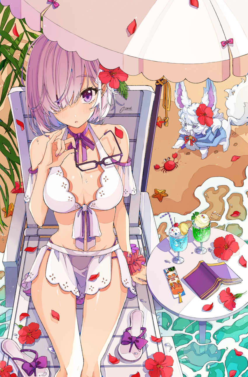 absurdres beach beach_umbrella bikini breasts commentary_request crab drinking_straw eyewear_removed fate/grand_order fate_(series) flower fou_(fate/grand_order) fujimaru_ritsuka_(female) glasses gloves hair_flower hair_ornament hair_over_one_eye highres holding holding_eyewear large_breasts looking_at_viewer mash_kyrielight osanai pink_hair purple_eyes riyo_(lyomsnpmp)_(style) sandals scrunchie signature sitting starfish swimsuit umbrella wrist_scrunchie