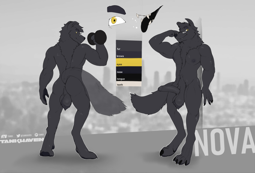 2018 anonym0use anthro anus backsack ball ball_tuft balls big_balls big_butt black_balls black_fur butt canine claws digital_media_(artwork) erection eyewear fluffy fluffy_tail foreskin fur glasses hi_res humanoid_penis looking_at_viewer male mammal model_sheet muscular muscular_male nipples nova nude open_mouth pecs penis rowrow simple_background smile solo standing tankh teeth tongue tongue_out uncut wolf