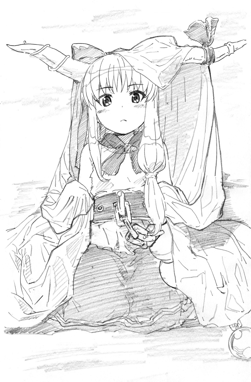 absurdres bangs chain closed_mouth commentary_request eyebrows_visible_through_hair graphite_(medium) greyscale hair_ribbon highres horn_ornament horns ibuki_suika long_hair long_sleeves looking_at_viewer monochrome pink_x ribbon scan sitting skirt solo touhou traditional_media