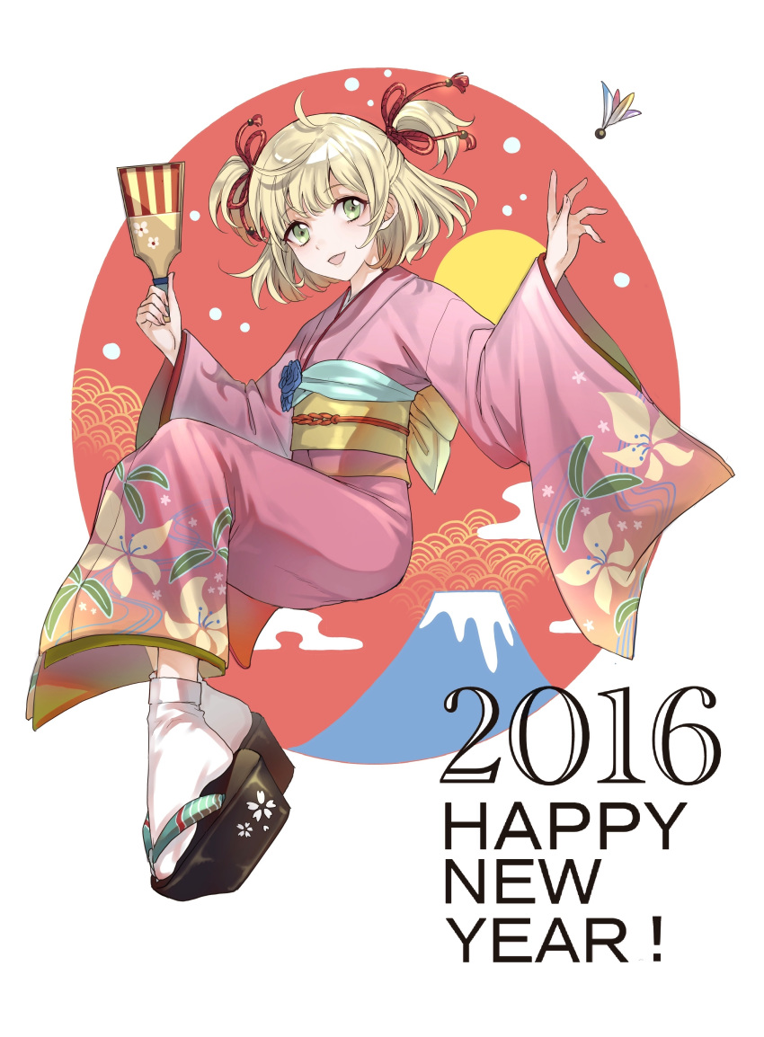 2016 :d absurdres blonde_hair commentary_request english floral_print from_side full_body green_eyes hagoita hair_ribbon hands_up hanetsuki happy_new_year highres holding japanese_clothes kimono long_sleeves looking_at_viewer looking_to_the_side maruchi new_year obi open_mouth original paddle pink_kimono red_ribbon ribbon sandals sash smile solo tabi two_side_up white_legwear wide_sleeves