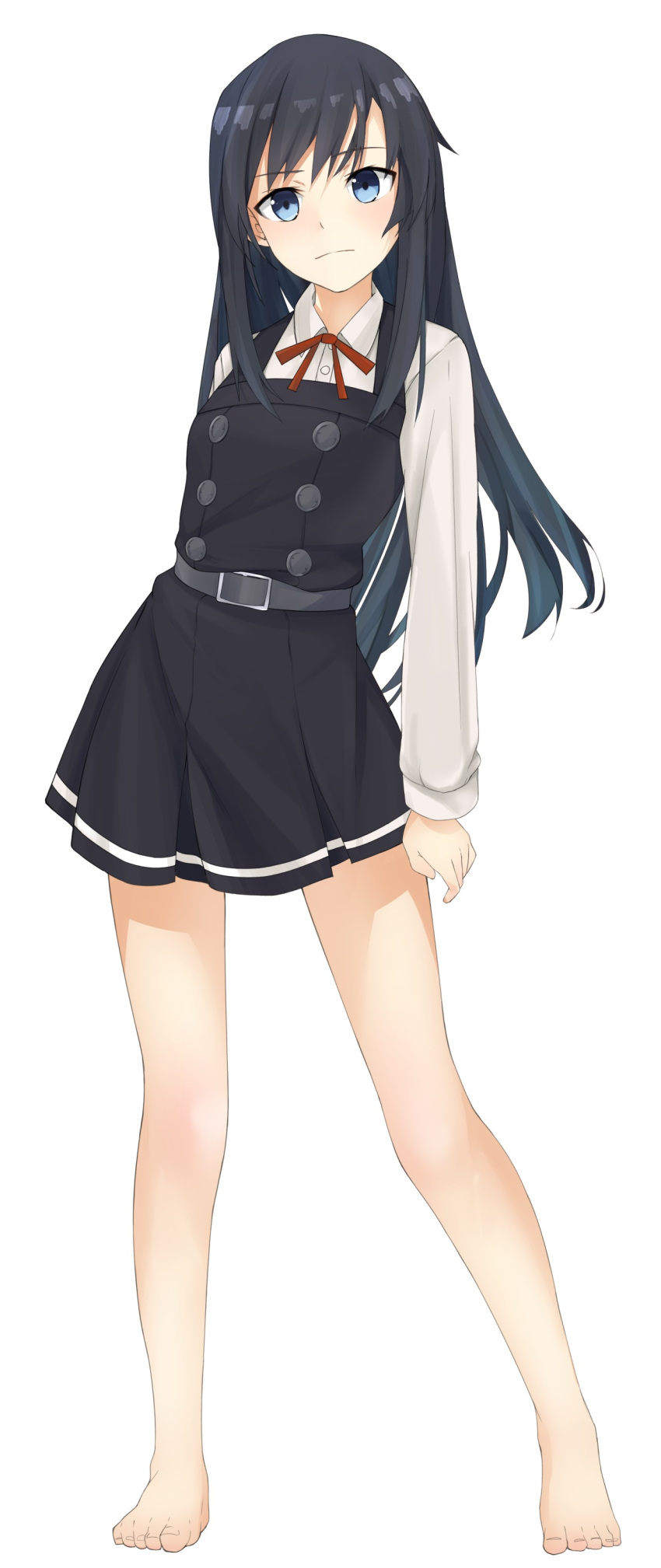 absurdres asashio_(kantai_collection) bare_legs barefoot belt black_hair blue_eyes commentary_request double-breasted dress full_body highres kantai_collection kumanoko long_hair long_sleeves looking_at_viewer loose_belt neck_ribbon pinafore_dress red_ribbon remodel_(kantai_collection) ribbon school_uniform shirt simple_background solo standing white_background white_shirt