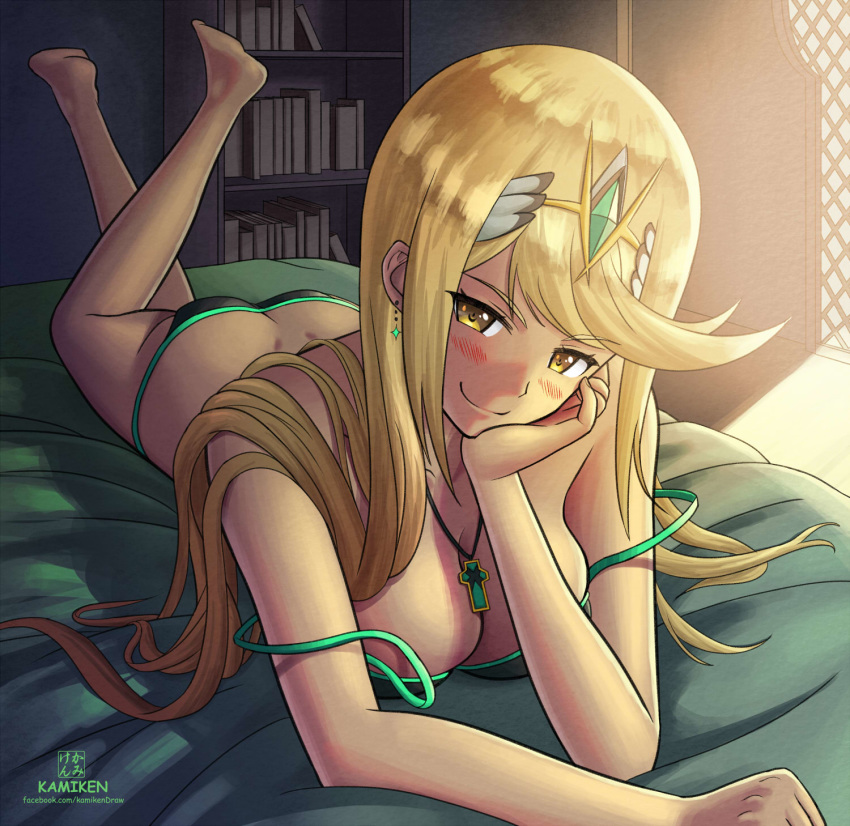 ass bangs barefoot bed bedroom bikini blonde_hair book bookshelf breasts butt_crack cleavage earrings feet green_bikini hand_on_own_cheek highres hikari_(xenoblade_2) indoors jewelry kami_mitsugu_(kamiken) large_breasts long_hair looking_at_viewer lying multicolored multicolored_bikini multicolored_clothes necklace on_bed on_stomach revision smile solo strap_slip swept_bangs swimsuit the_pose tiara xenoblade_(series) xenoblade_2