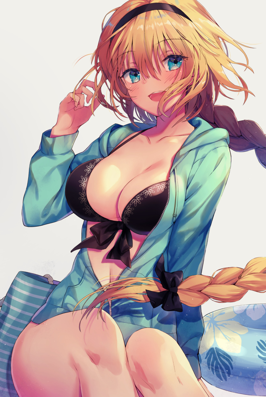 :d bangs bikini black_bikini black_bow black_hairband blonde_hair blue_eyes blue_innertube blue_jacket blush bow braid breasts cleavage collarbone commentary_request eyebrows_visible_through_hair fate/grand_order fate_(series) fingernails grey_background hair_between_eyes hair_bow hairband hand_up head_tilt highres hood hood_down hooded_jacket innertube jacket jeanne_d'arc_(fate)_(all) jeanne_d'arc_(swimsuit_archer) kuro_futoshi large_breasts long_hair long_sleeves looking_at_viewer open_clothes open_jacket open_mouth round_teeth simple_background single_braid smile solo swimsuit teeth transparent upper_teeth very_long_hair